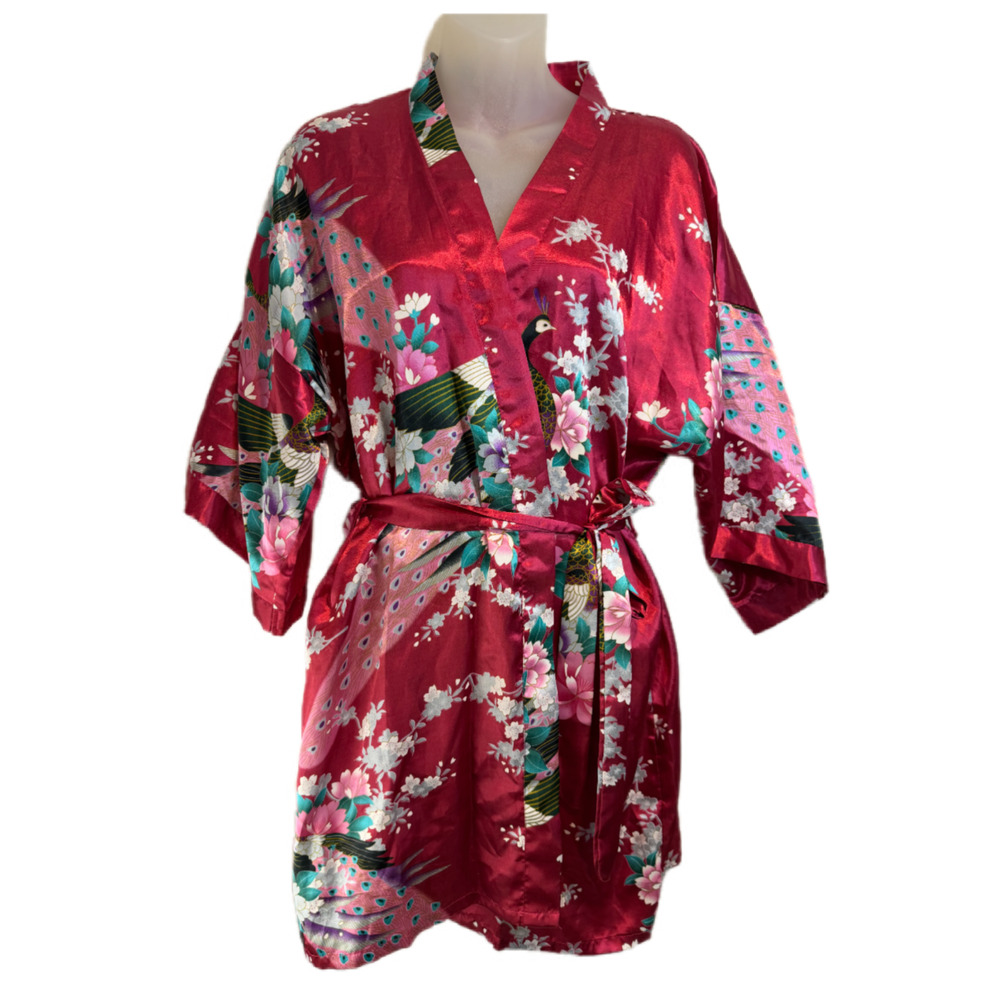Wine Red Peacock Floral Satin Kimono Jacket – Japanese Inspired Layer Robe - Picture 3 of 9